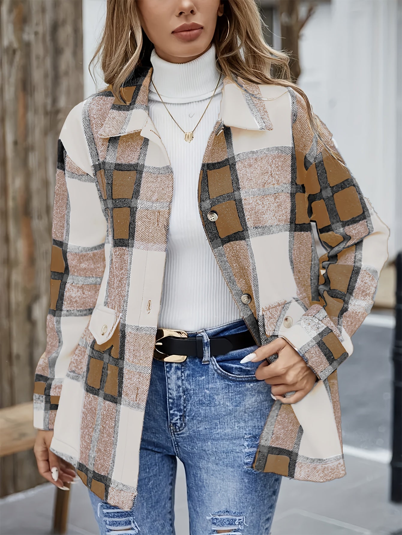 Elegant Plaid Long Sleeve Shirt, Women'S Blue, Polyester, Lapel Collar, Woven, 120gsm, for Spring/Summer